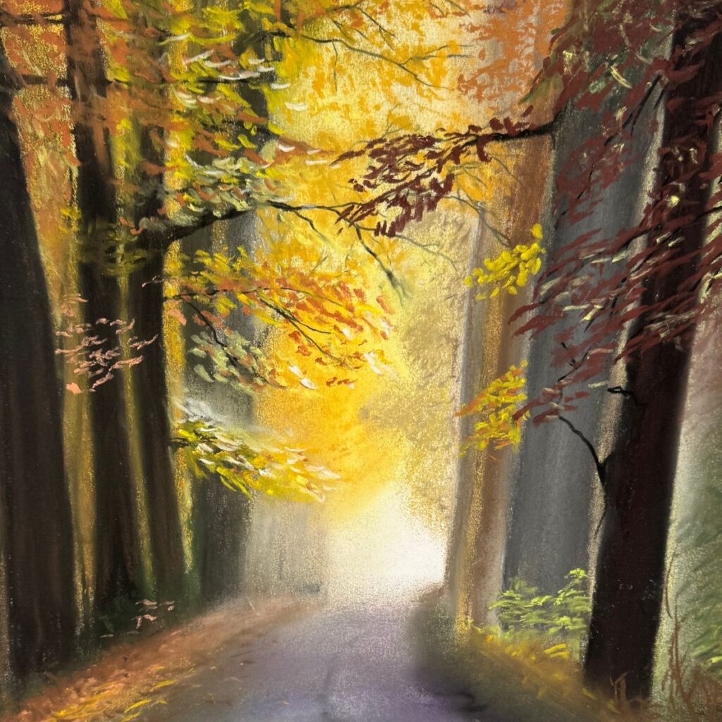 warsztaty artystyczne Concordia Vitae- warsztaty malowania techniką pasteli- obraz pastelą: jesienny las- autor Krystyna Tokarz