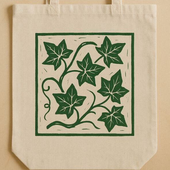 Bawełniana torba z linorytem bluszczu, warsztaty linorytu Concordia Vitae